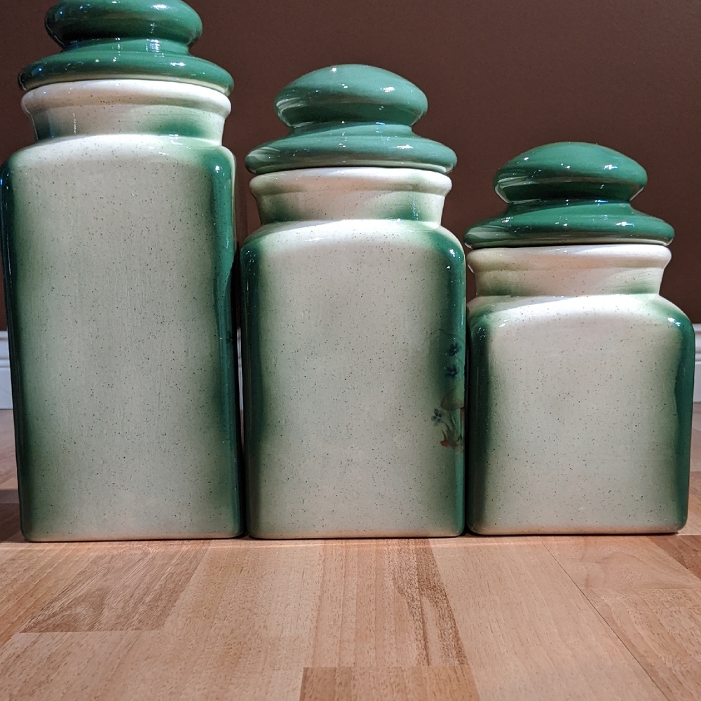 Handcrafted Mushroom Canister Set - Green and Cream - Picture 3 of 11